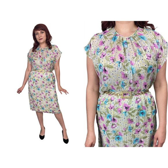 Size M | Vintage 1980s 80s Floral Short Sleeve 2pc Blouse and Pencil Skirt Set - Picture 1 of 9